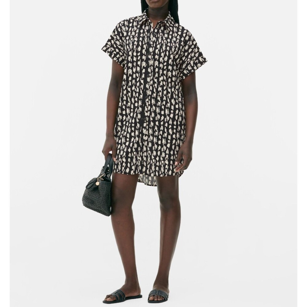 Primark Button Front Shirt Dress Black White Abstract Print Cap Sleeve Rayon XXL